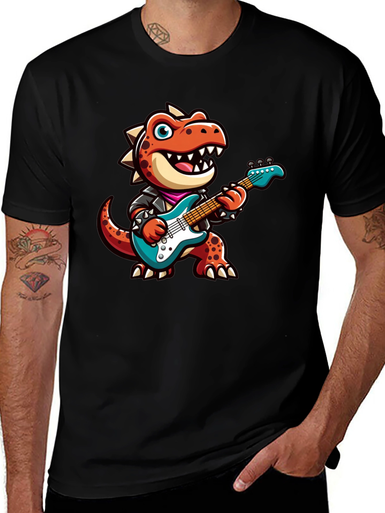 Dino Rocker T-Shirt: Cartoon Dinosaur Guitarist Tee