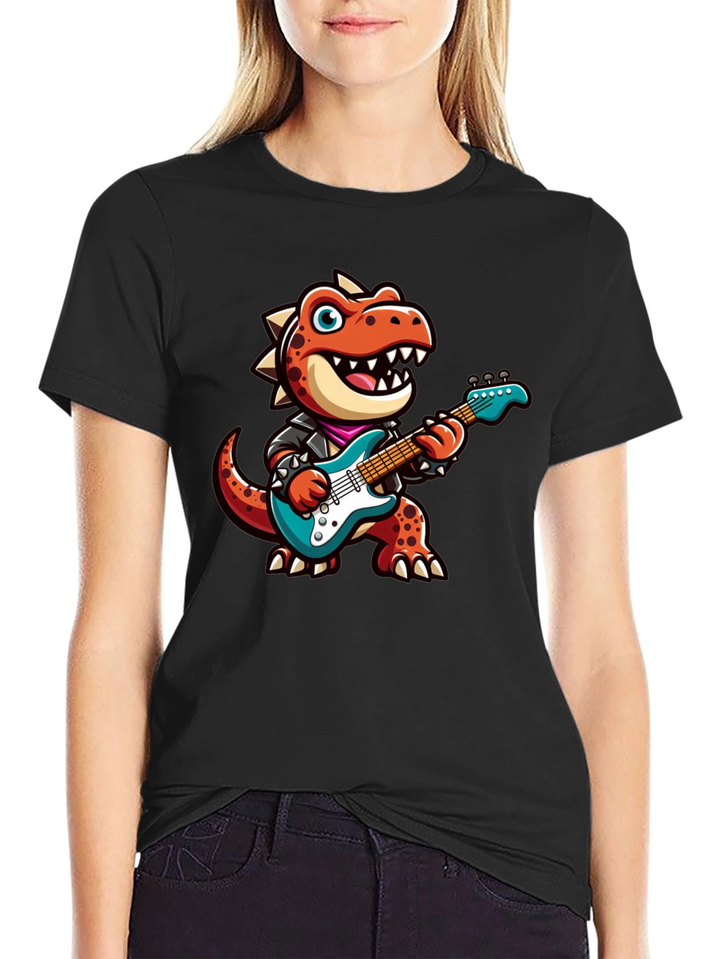 Dino Rocker T-Shirt: Cartoon Dinosaur Guitarist Tee