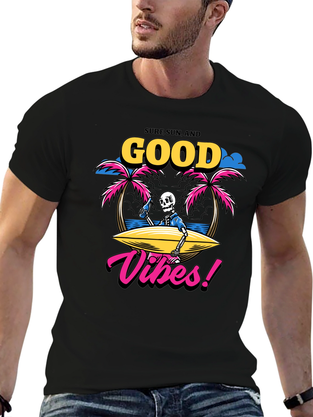 Surf Sun Good Vibes Skeleton Graphic T-Shirt