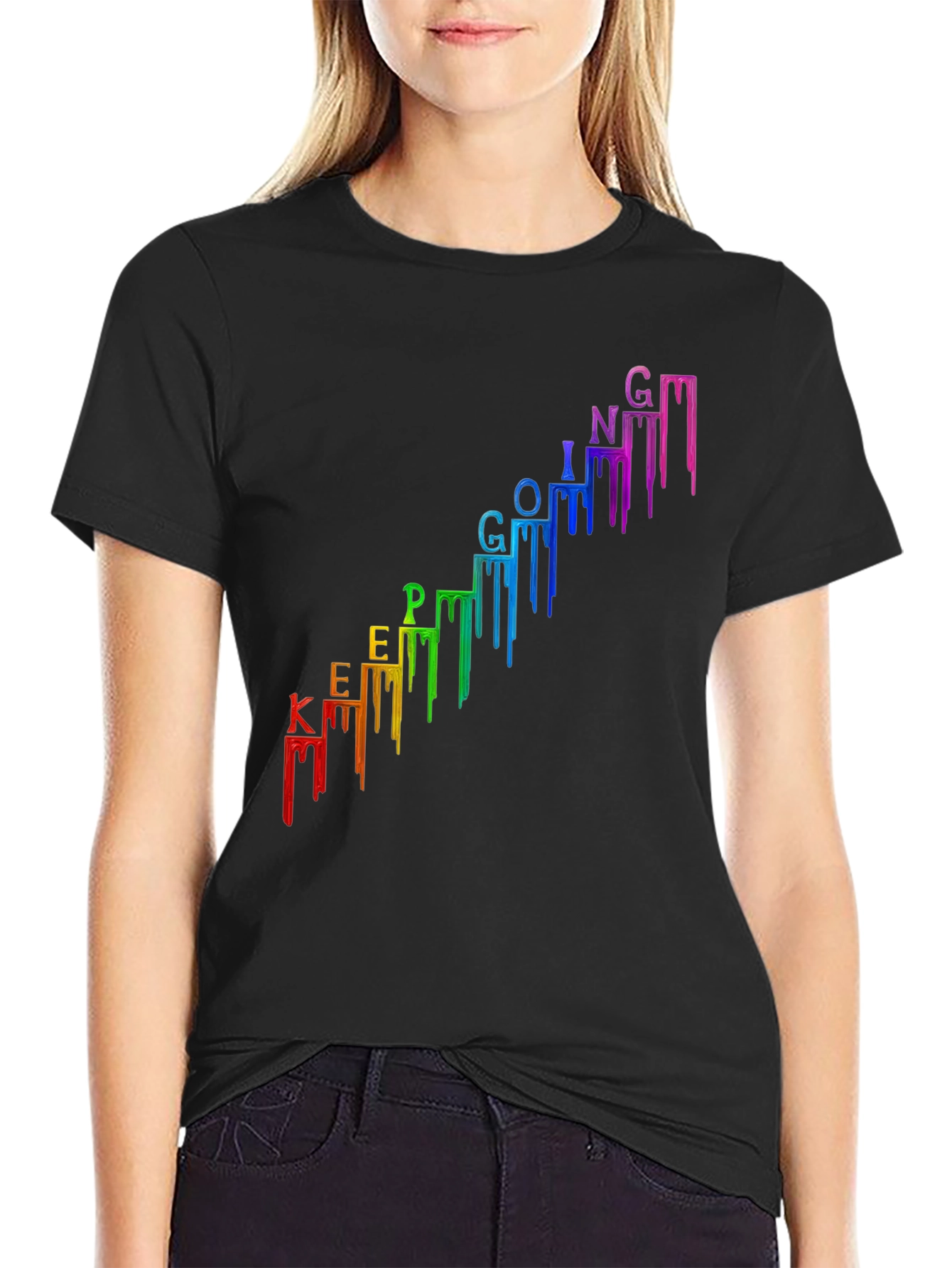 Keep Going Black T-Shirt - Rainbow Drip Design