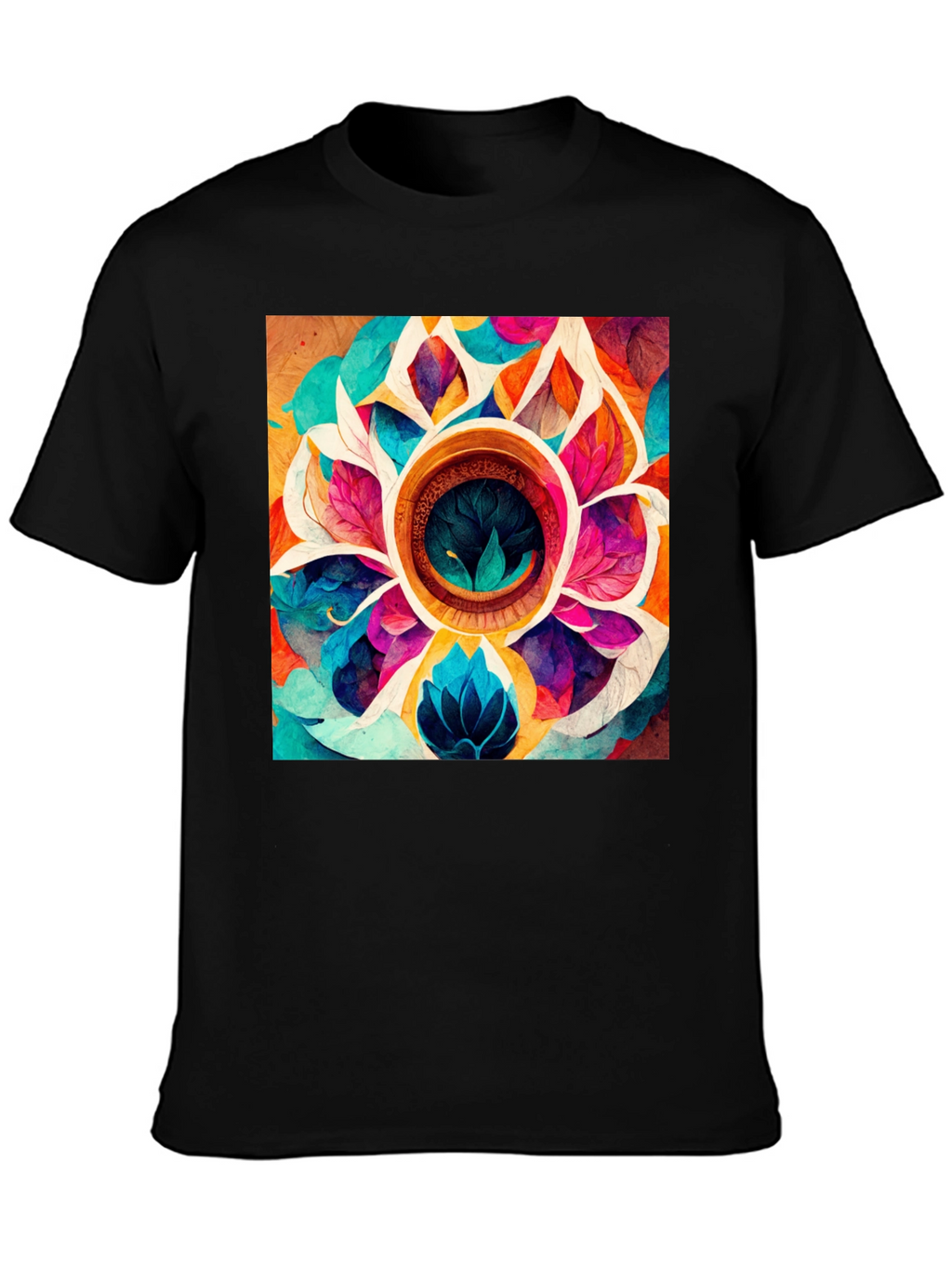 Vibrant Floral Mandala Graphic Black T-Shirt