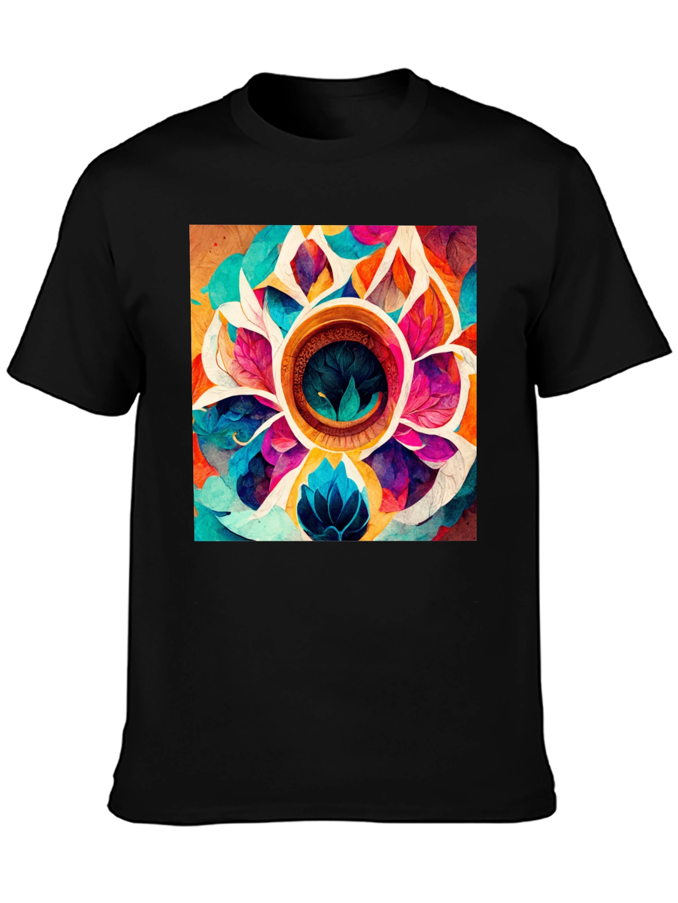 Vibrant Floral Mandala Graphic Black T-Shirt