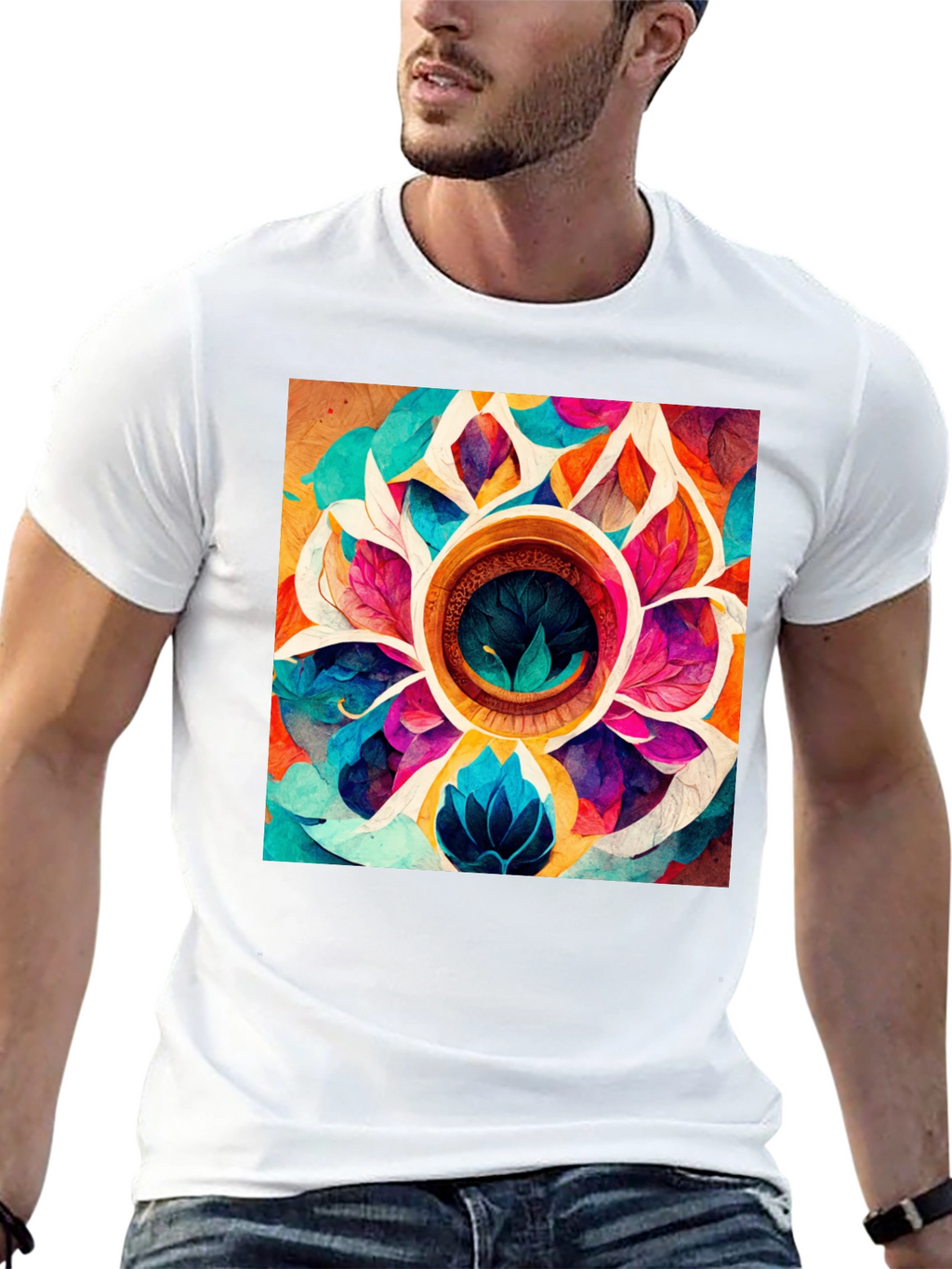 Vibrant Floral Mandala Graphic Black T-Shirt