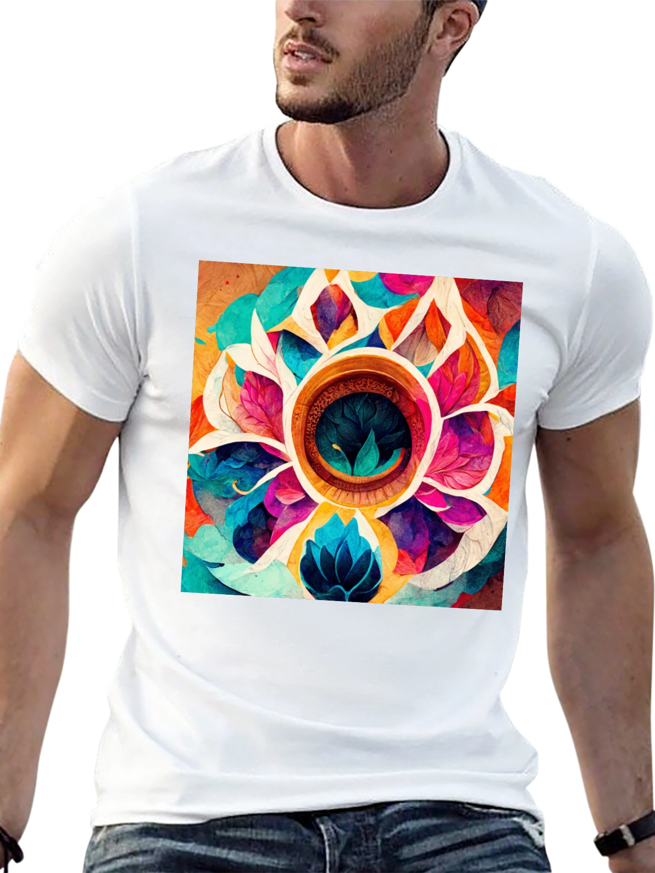 Vibrant Floral Mandala Graphic Black T-Shirt
