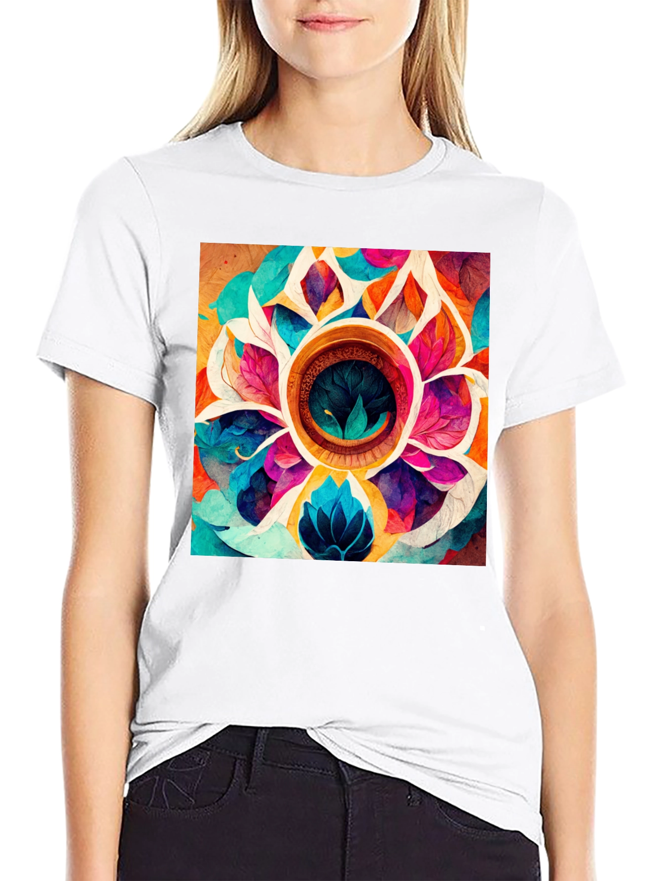 Vibrant Floral Mandala Graphic Black T-Shirt