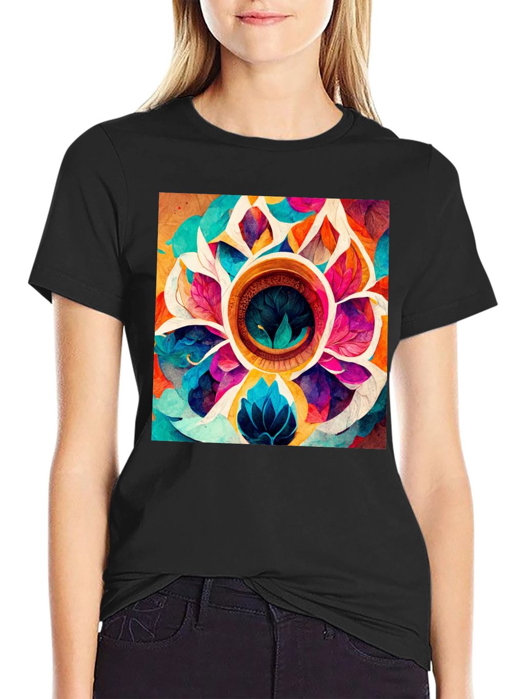 Vibrant Floral Mandala Graphic Black T-Shirt