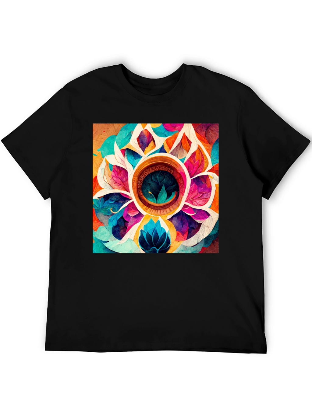Vibrant Floral Mandala Graphic Black T-Shirt