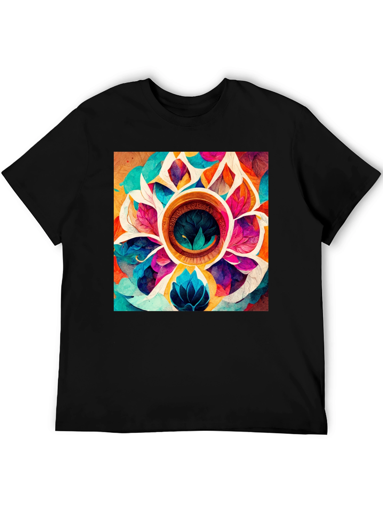 Vibrant Floral Mandala Graphic Black T-Shirt
