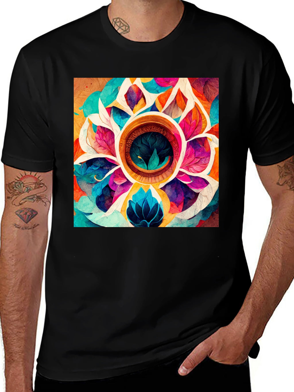 Vibrant Floral Mandala Graphic Black T-Shirt