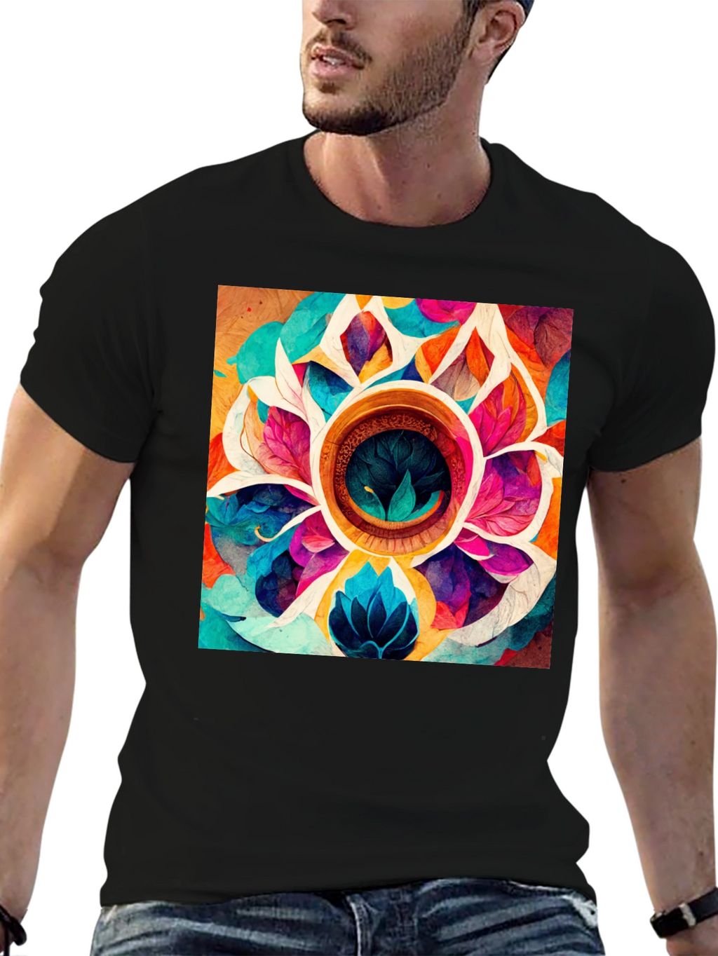 Vibrant Floral Mandala Graphic Black T-Shirt