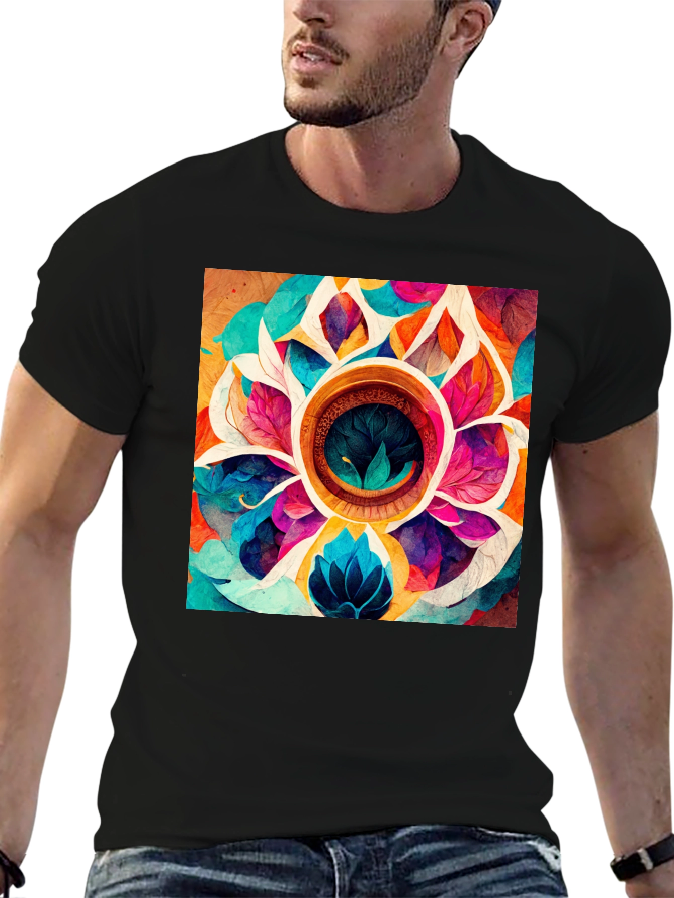 Vibrant Floral Mandala Graphic Black T-Shirt