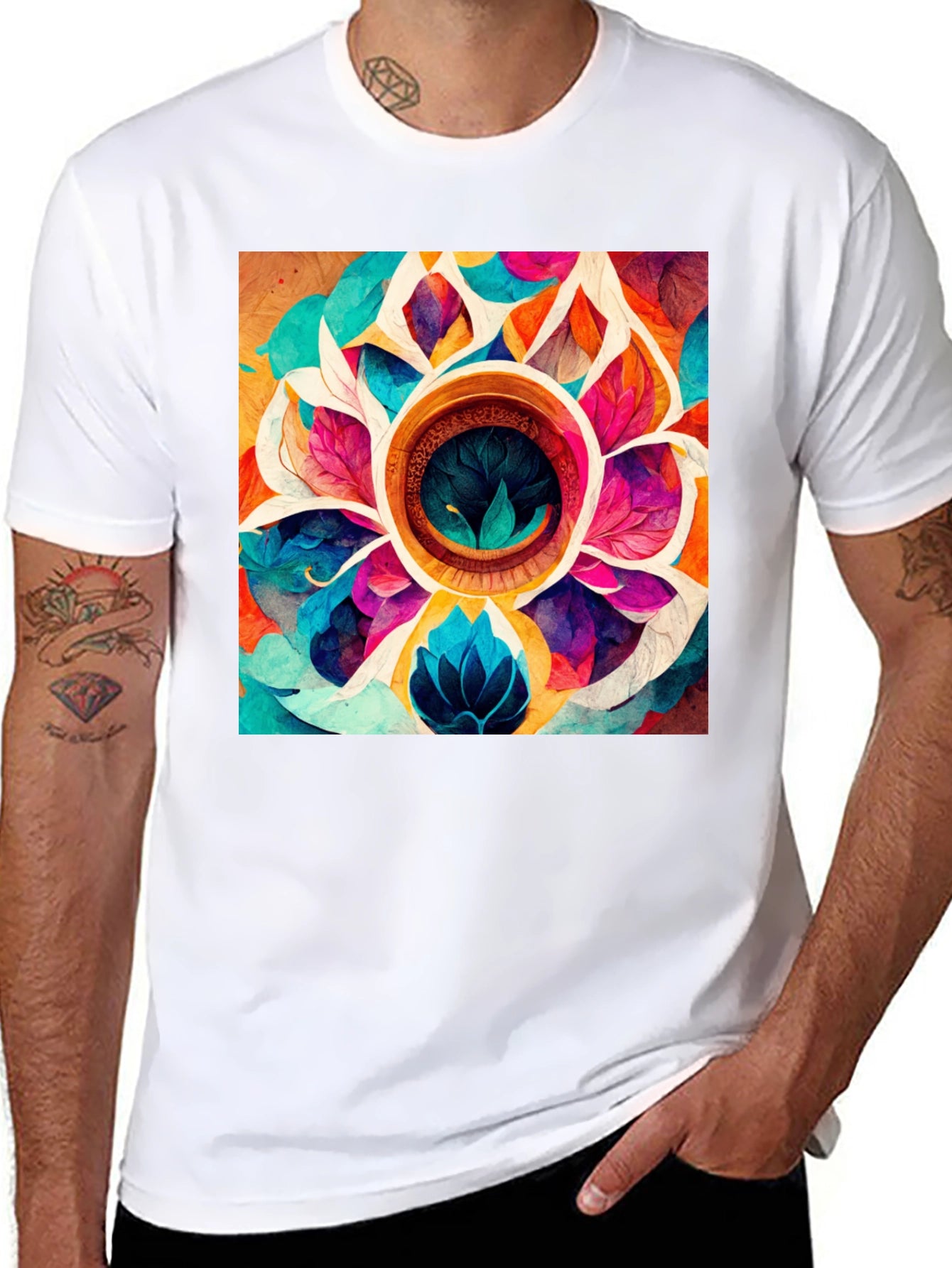 Vibrant Floral Mandala Graphic Black T-Shirt