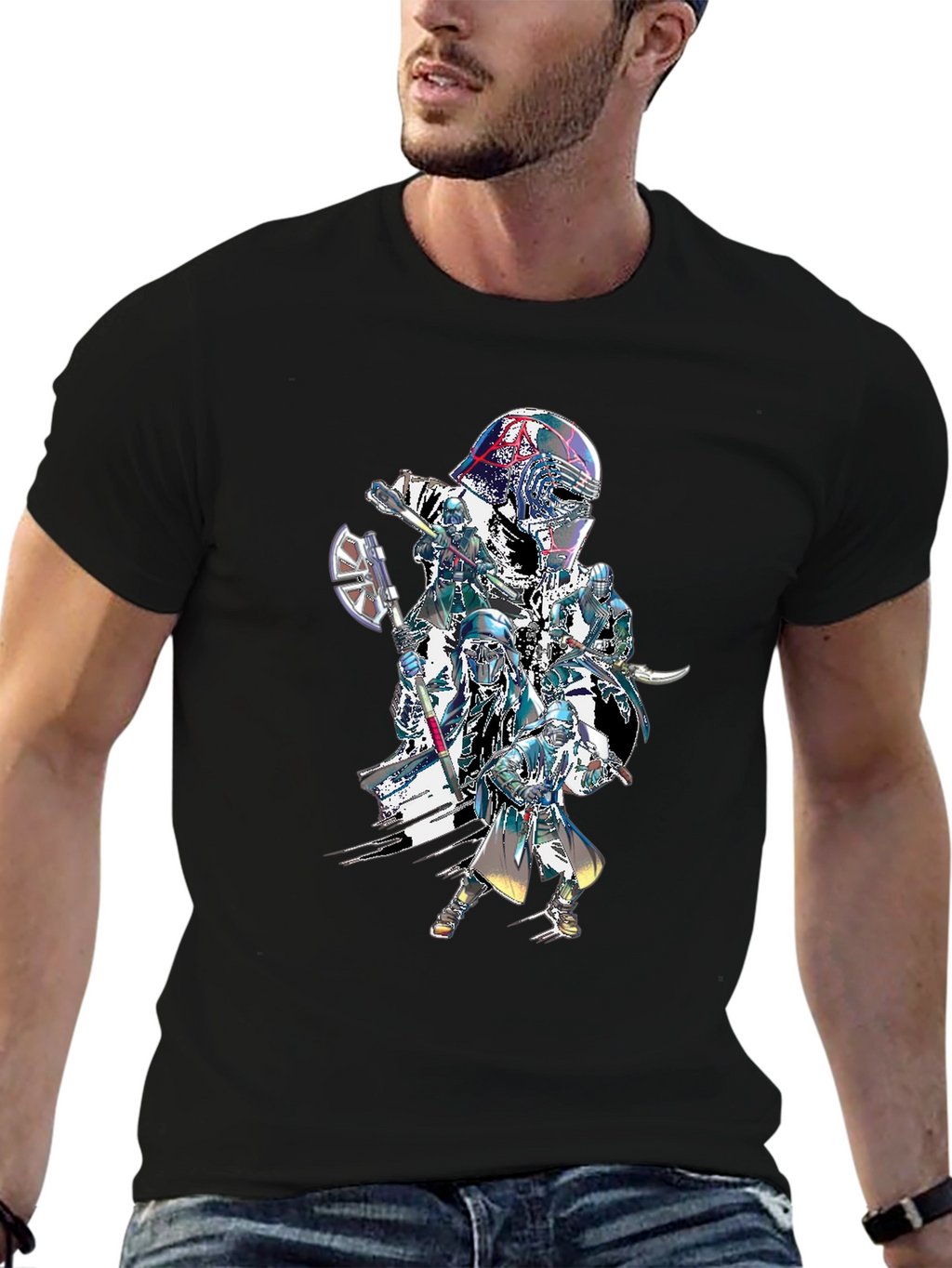 Sci-Fi Warrior Graphic Print Black T-Shirt