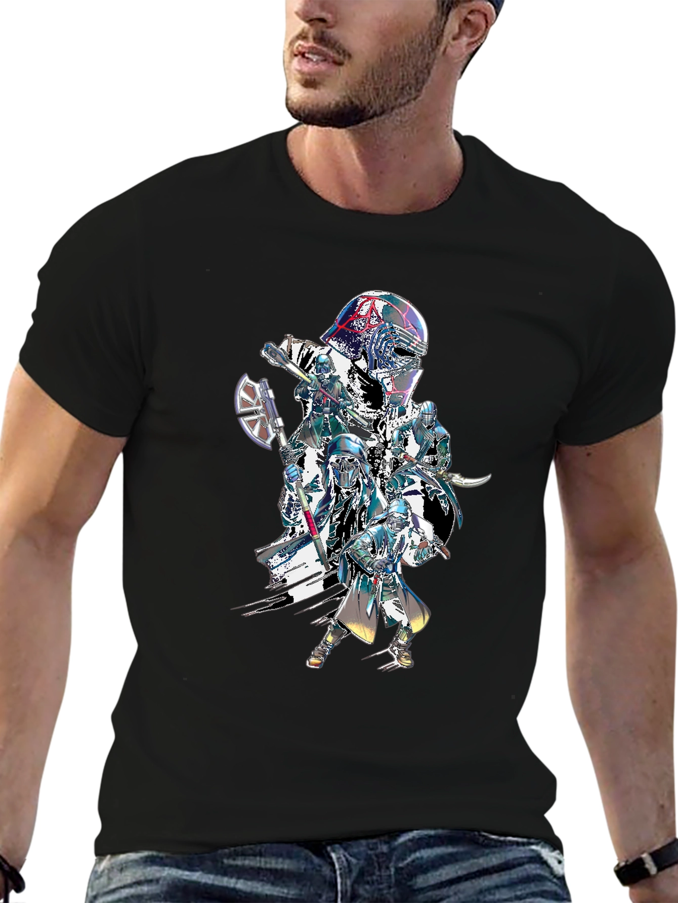 Sci-Fi Warrior Graphic Print Black T-Shirt