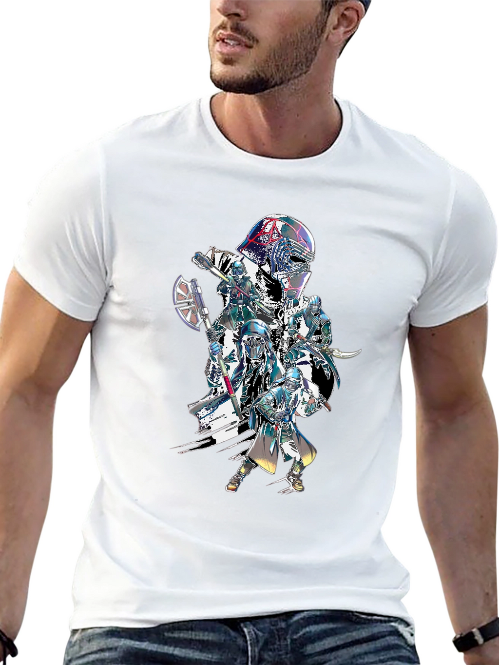 Sci-Fi Warrior Graphic Print Black T-Shirt