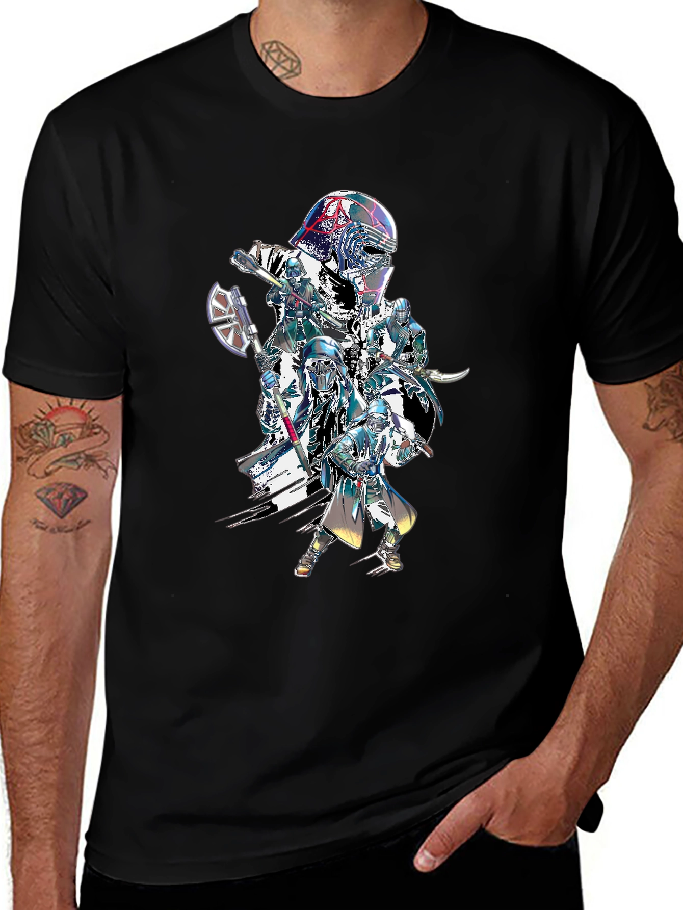 Sci-Fi Warrior Graphic Print Black T-Shirt