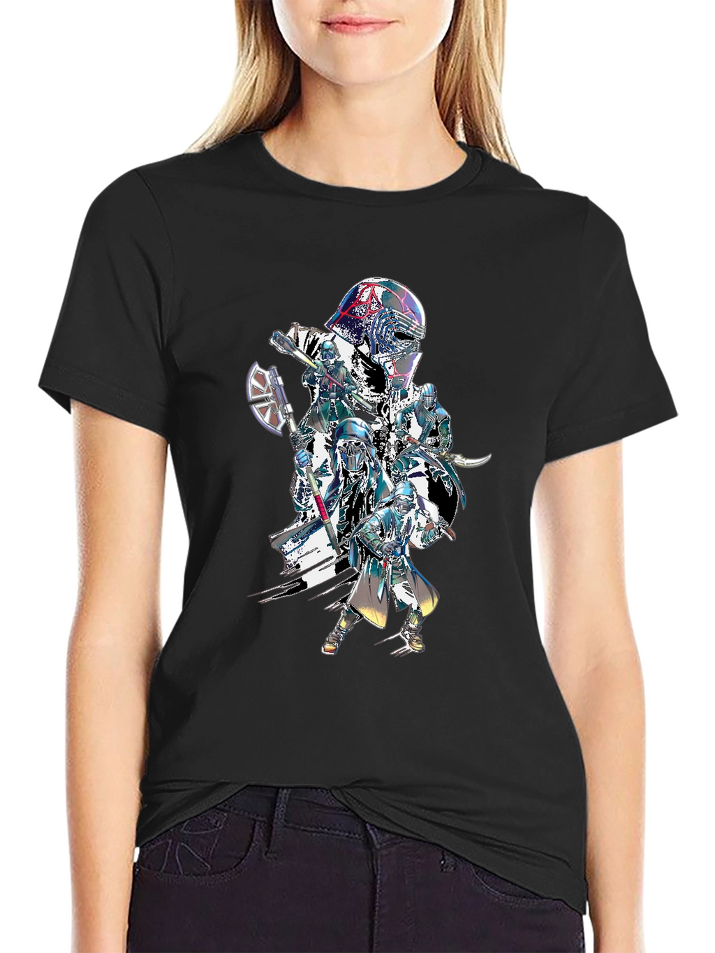 Sci-Fi Warrior Graphic Print Black T-Shirt
