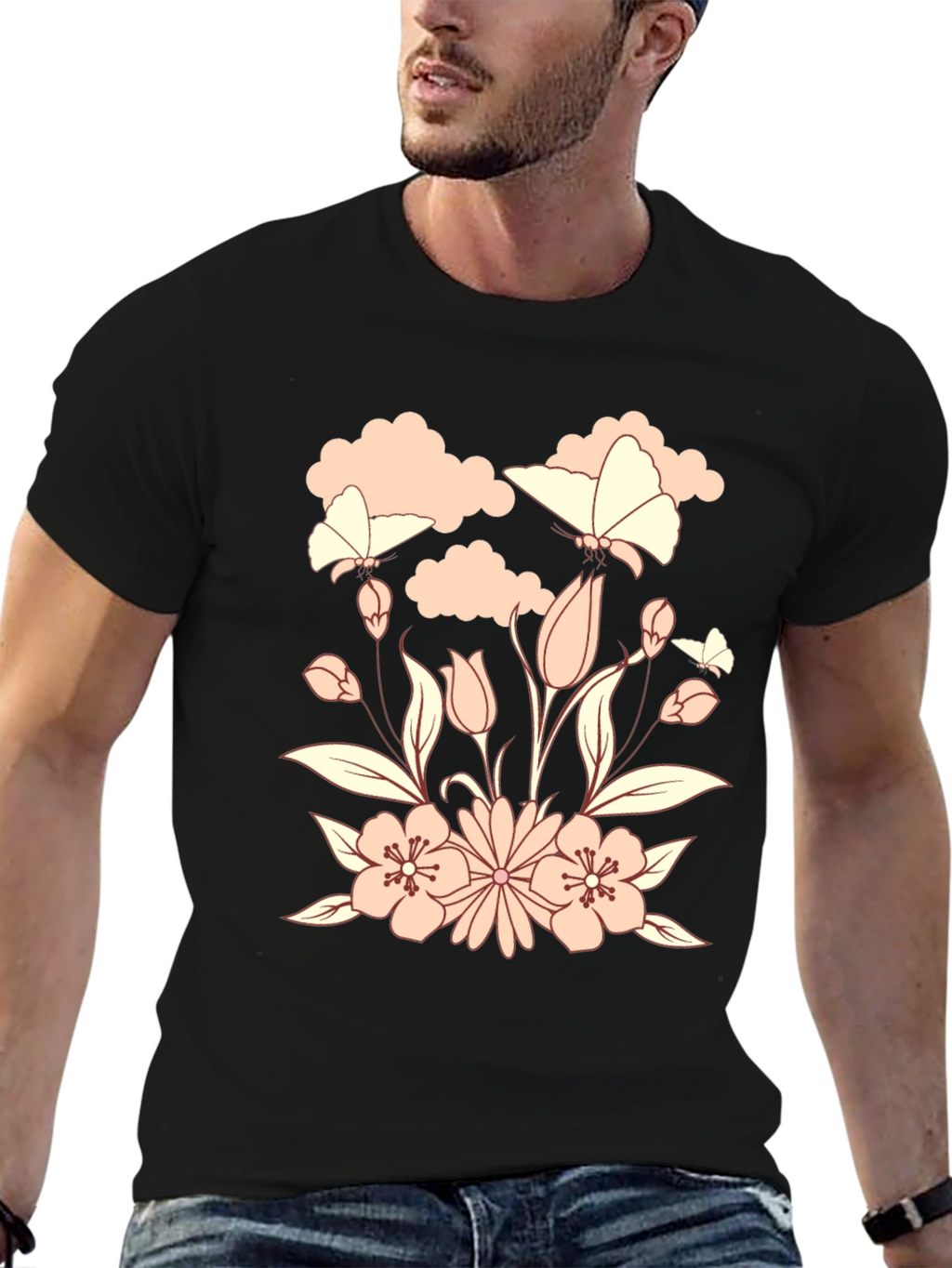 Floral Butterfly Black T-Shirt