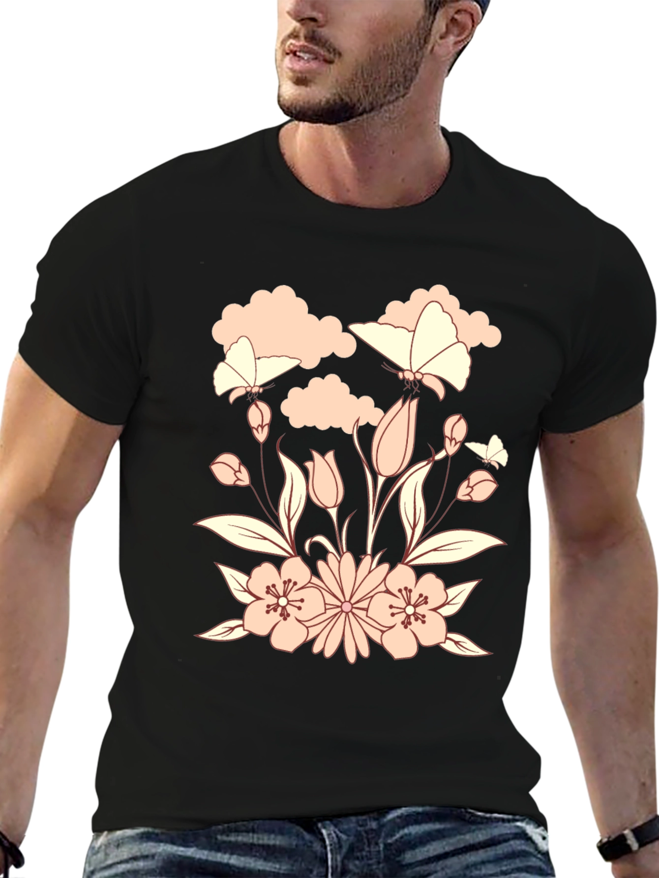 Floral Butterfly Black T-Shirt