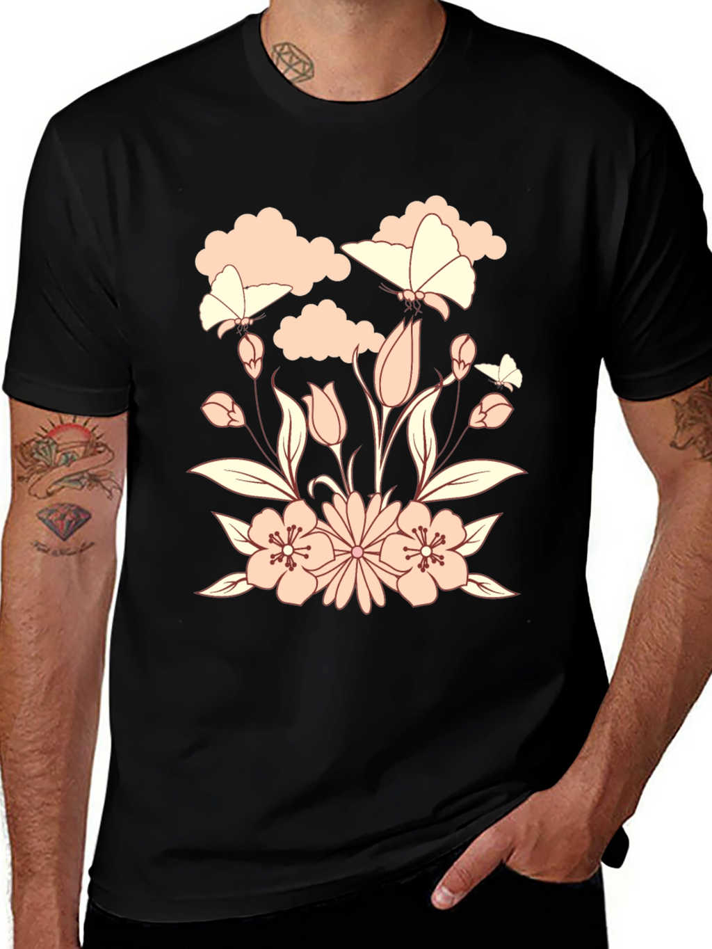 Floral Butterfly Black T-Shirt