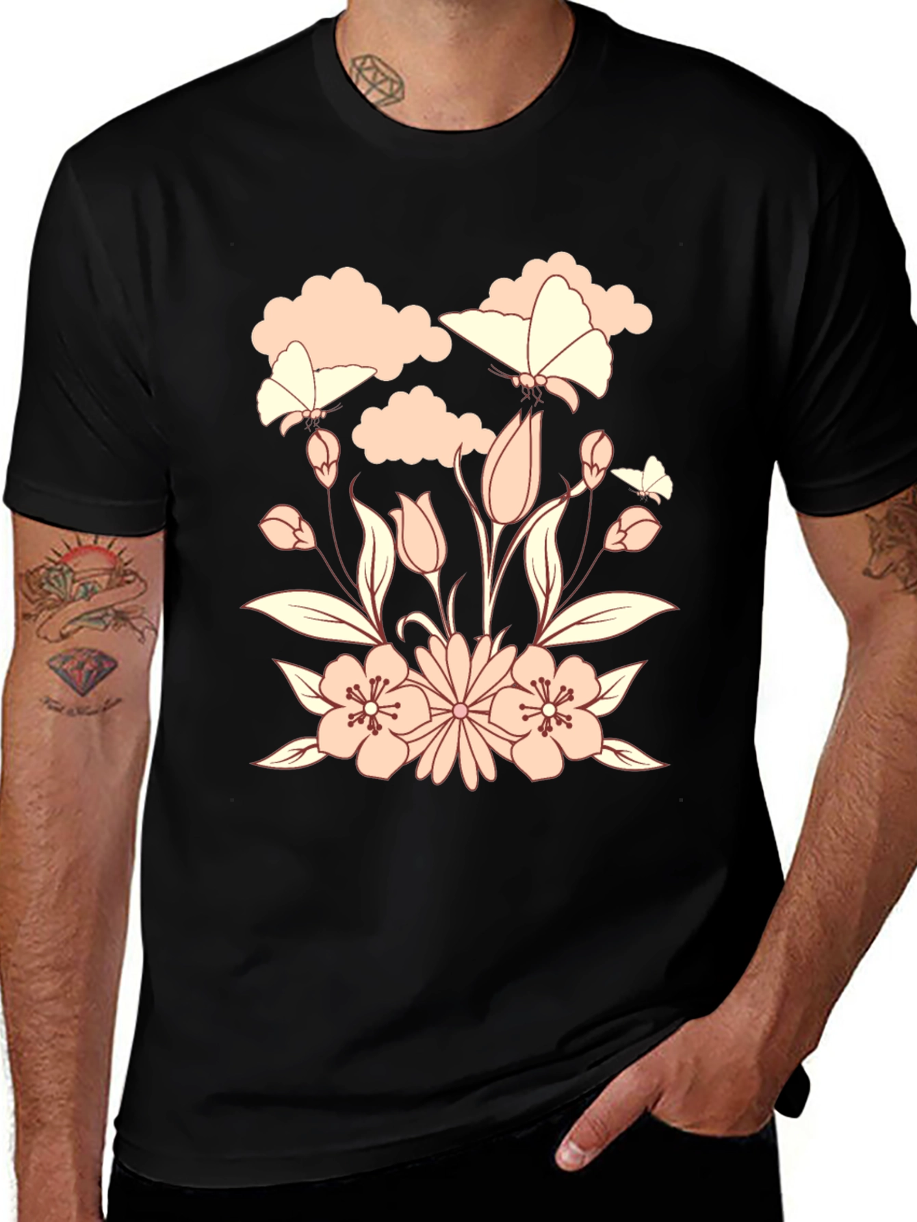 Floral Butterfly Black T-Shirt