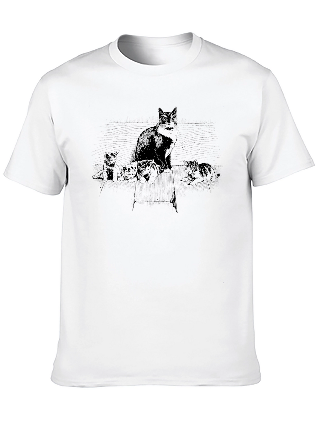 Cat & Kittens Graphic Tee - Black Cotton T-Shirt