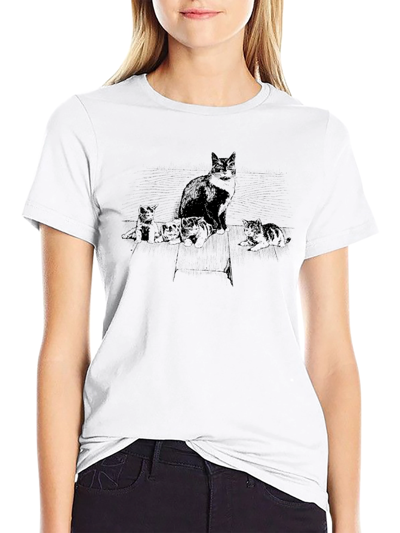 Cat & Kittens Graphic Tee - Black Cotton T-Shirt