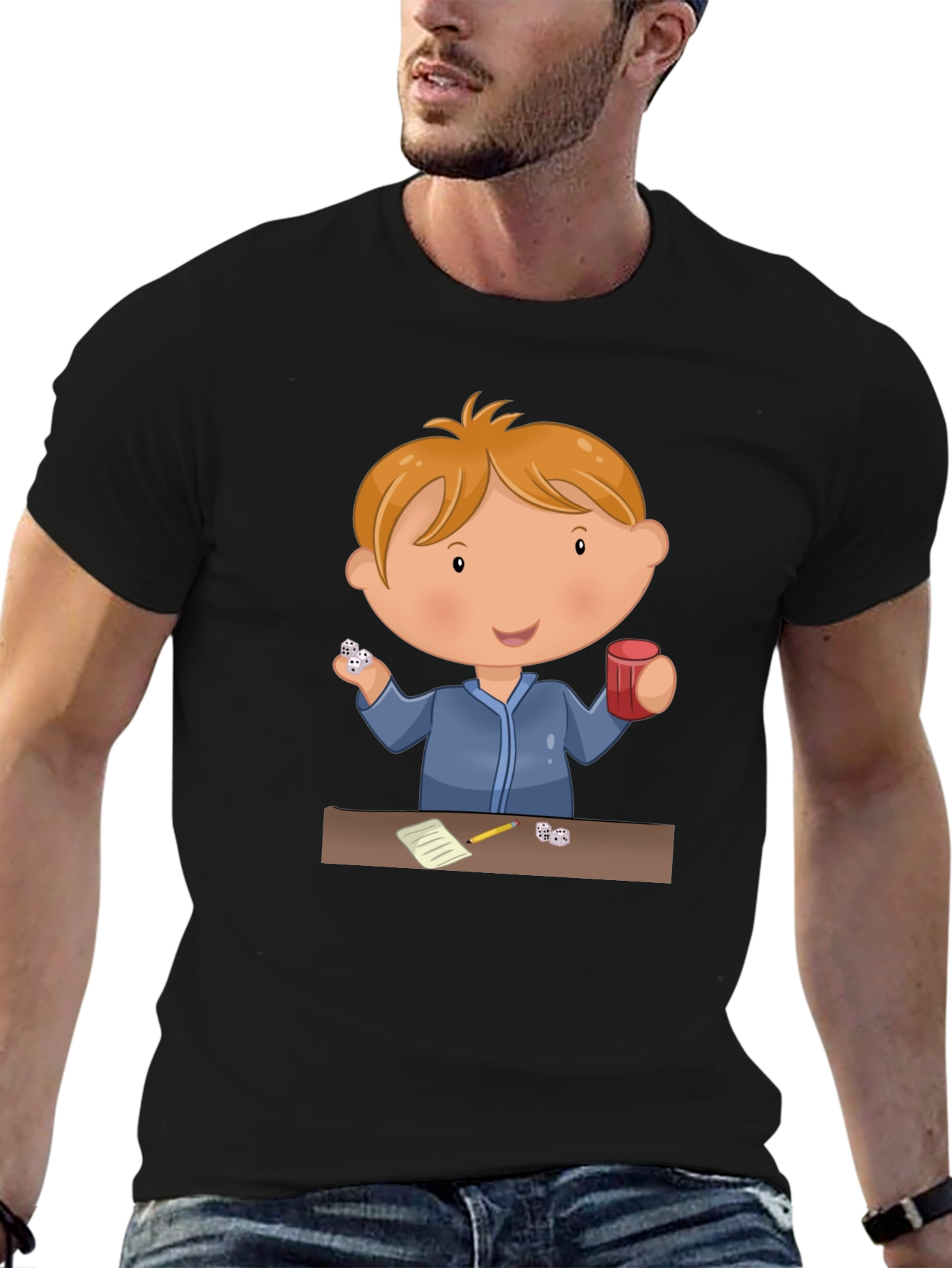 Cartoon Kid Dice Game Black T-Shirt