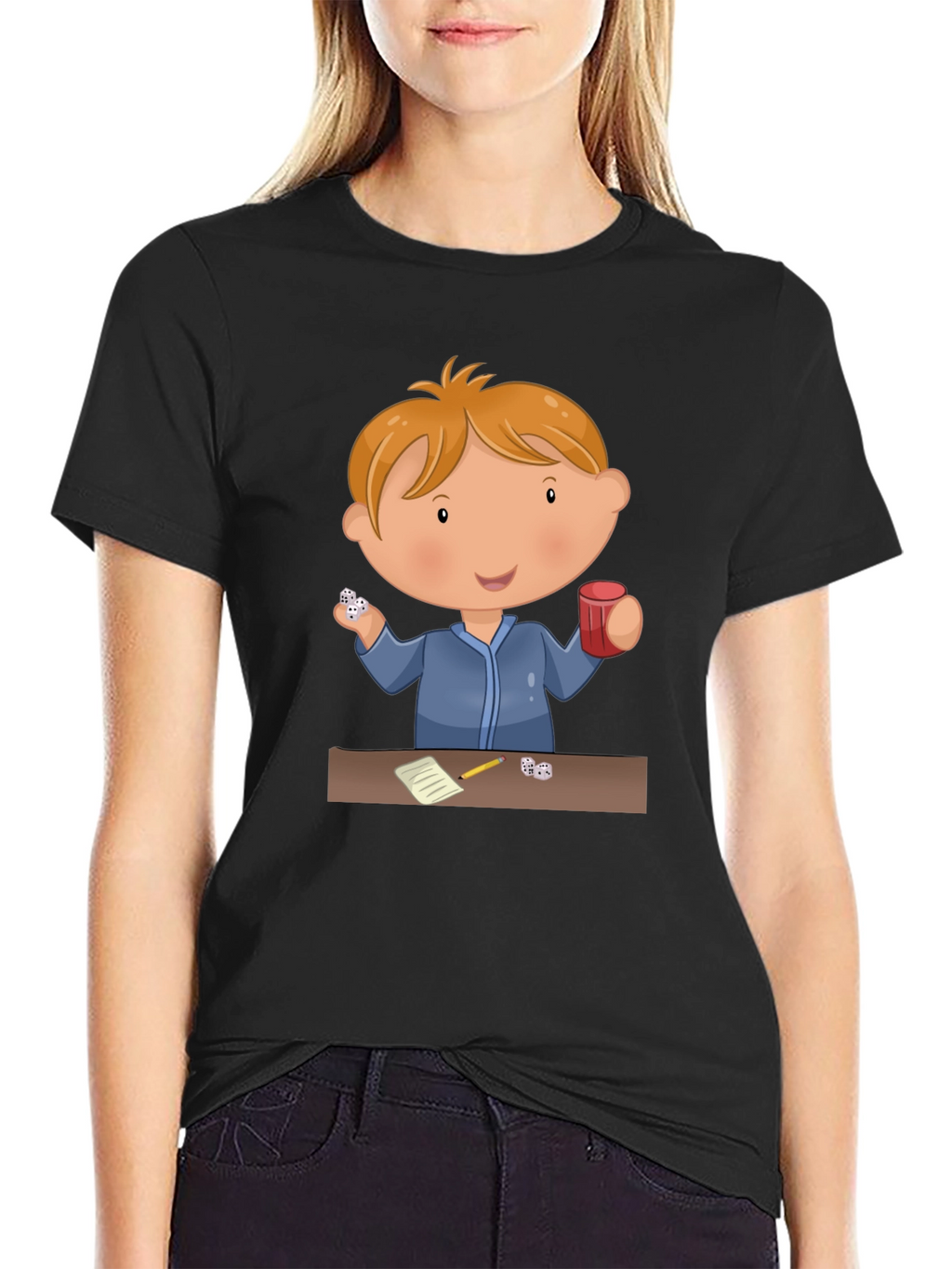 Cartoon Kid Dice Game Black T-Shirt