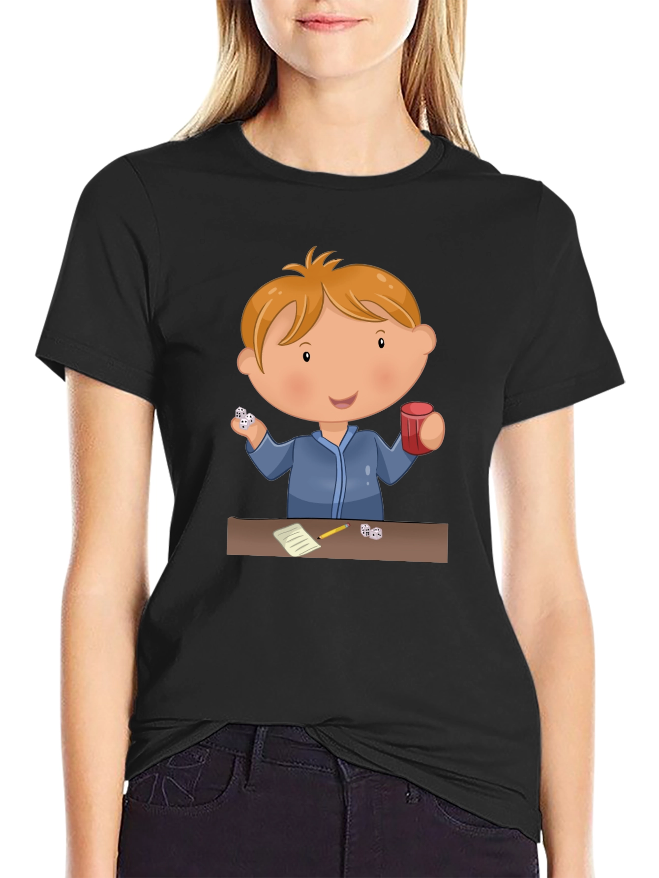 Cartoon Kid Dice Game Black T-Shirt