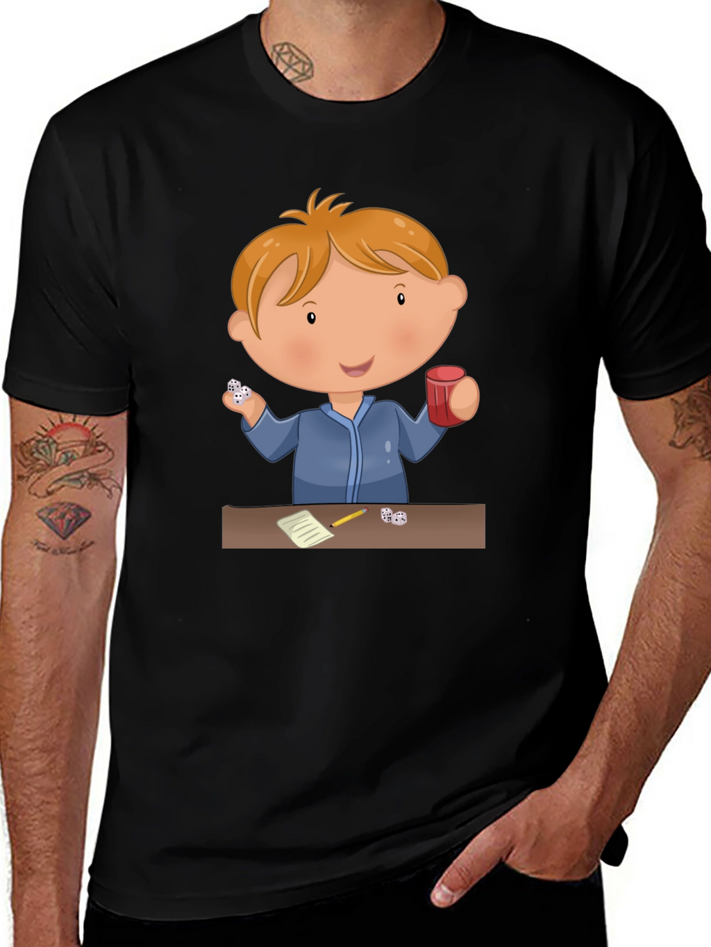 Cartoon Kid Dice Game Black T-Shirt