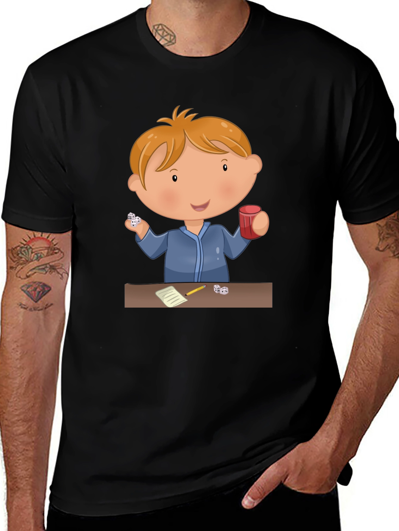 Cartoon Kid Dice Game Black T-Shirt
