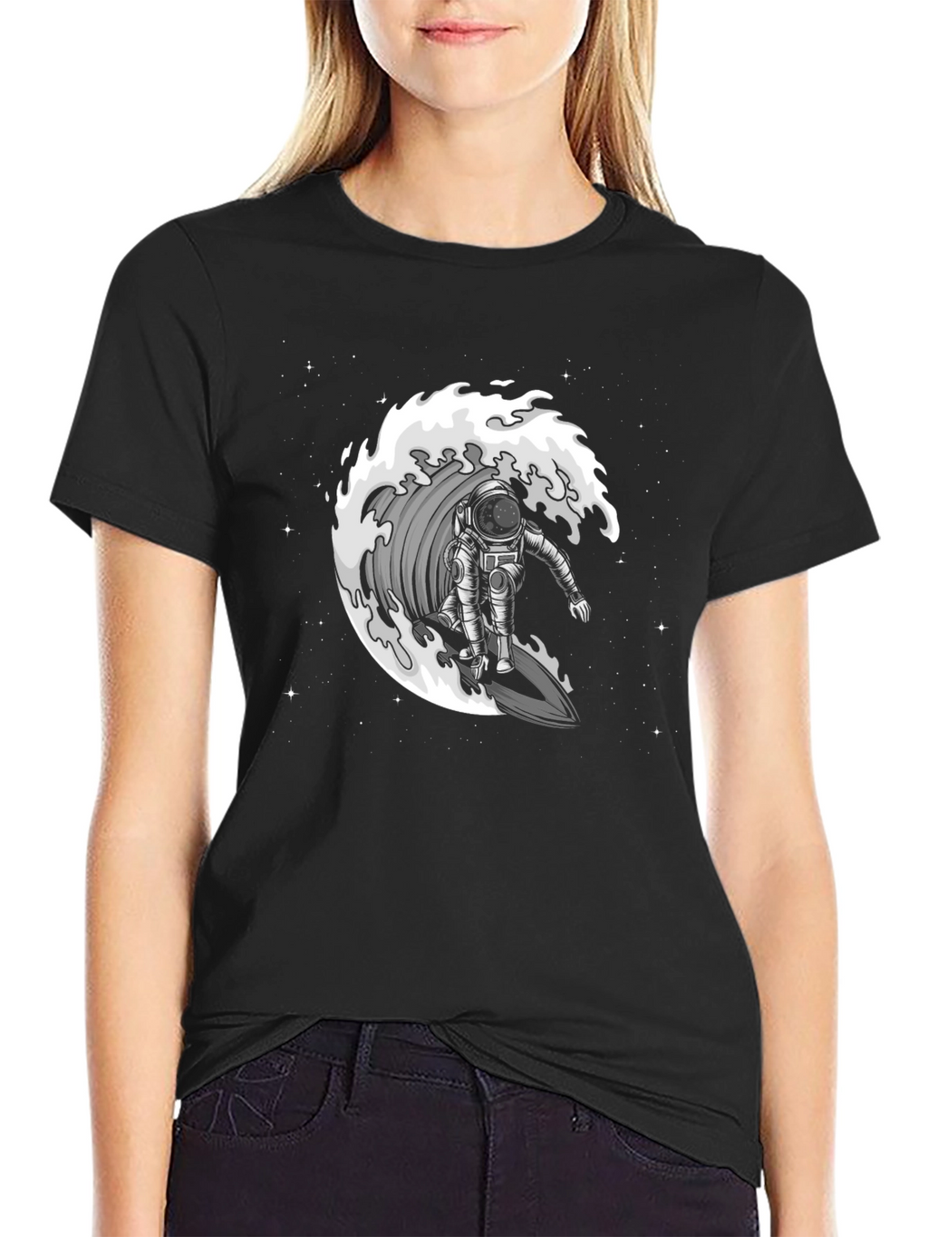Astronaut Surfing Wave Graphic T-Shirt - Black