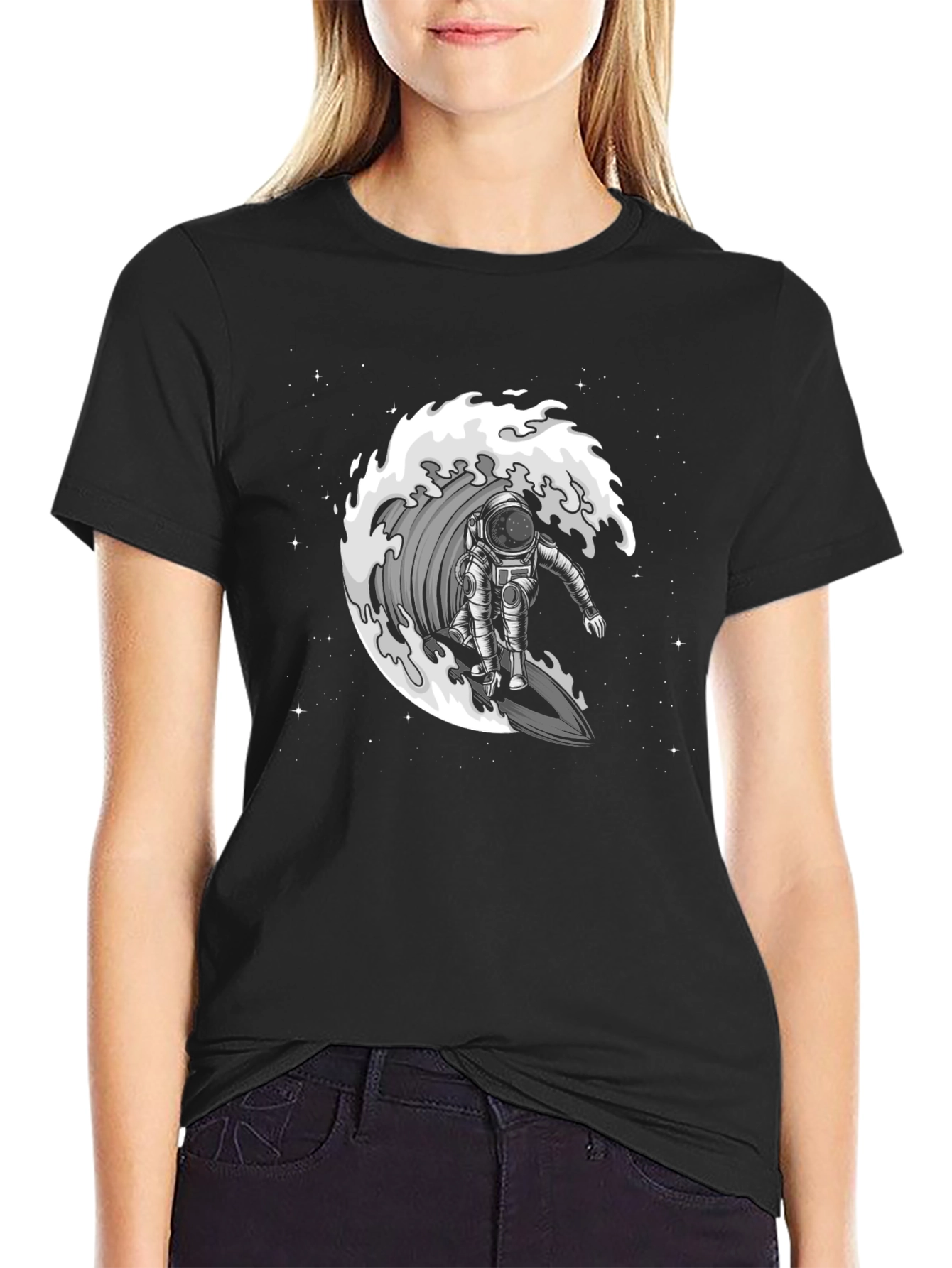 Astronaut Surfing Wave Graphic T-Shirt - Black