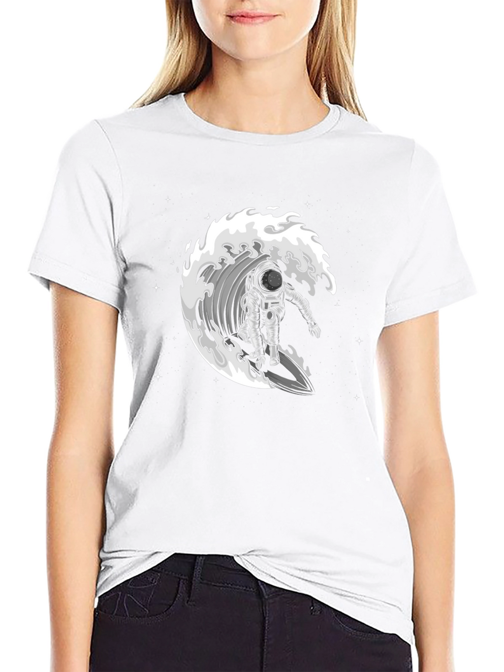 Astronaut Surfing Wave Graphic T-Shirt - Black