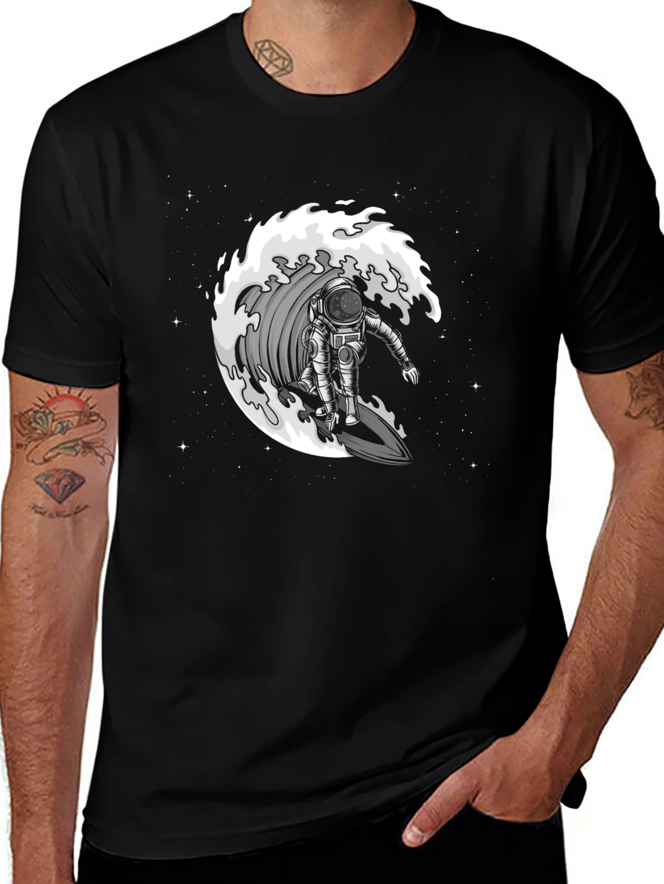 Astronaut Surfing Wave Graphic T-Shirt - Black