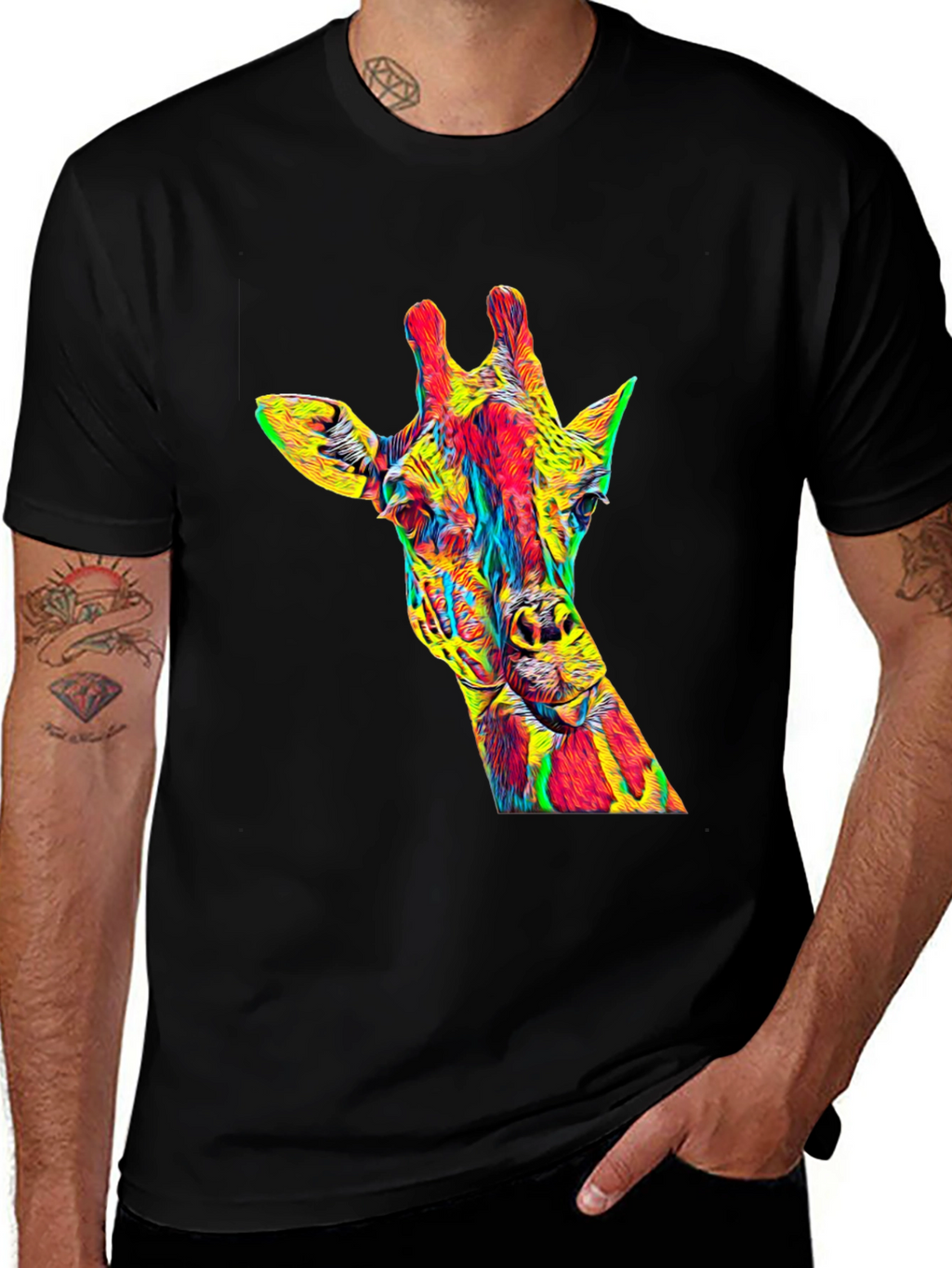 Vibrant Giraffe Graphic Tee - Mens Black T-Shirt