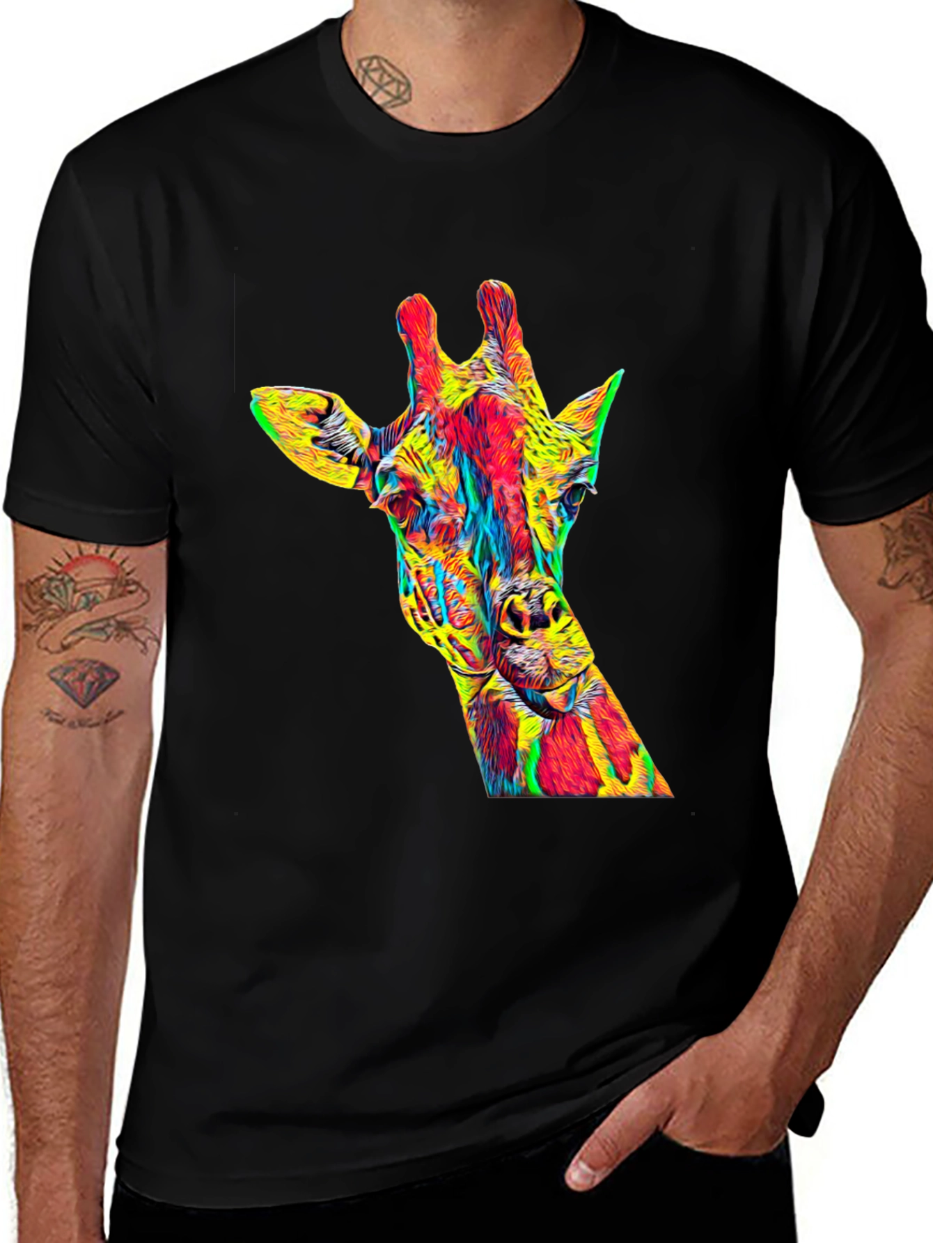 Vibrant Giraffe Graphic Tee - Mens Black T-Shirt