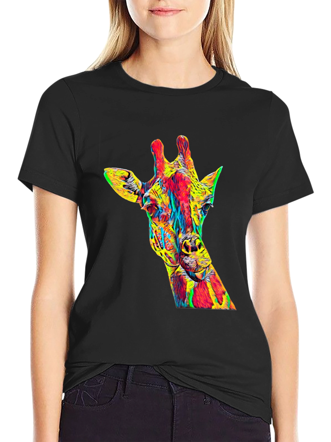 Vibrant Giraffe Graphic Tee - Mens Black T-Shirt