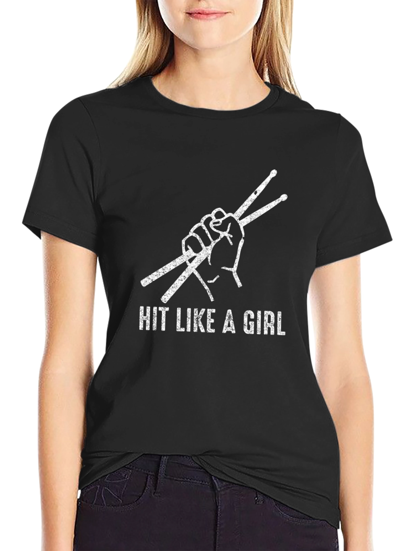 Hit Like a Girl Drummer T-Shirt - Black Cotton Tee