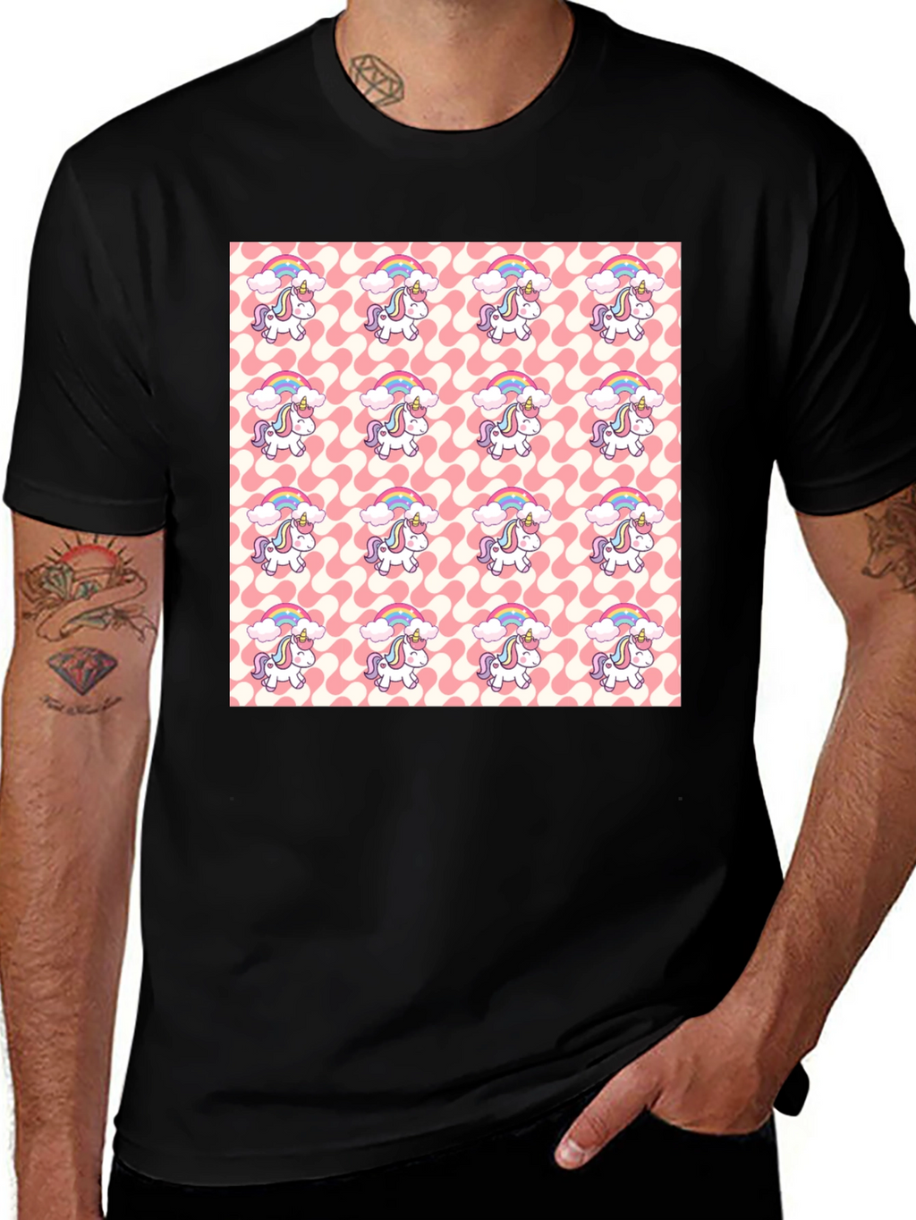 Unicorn Pattern Black T-Shirt