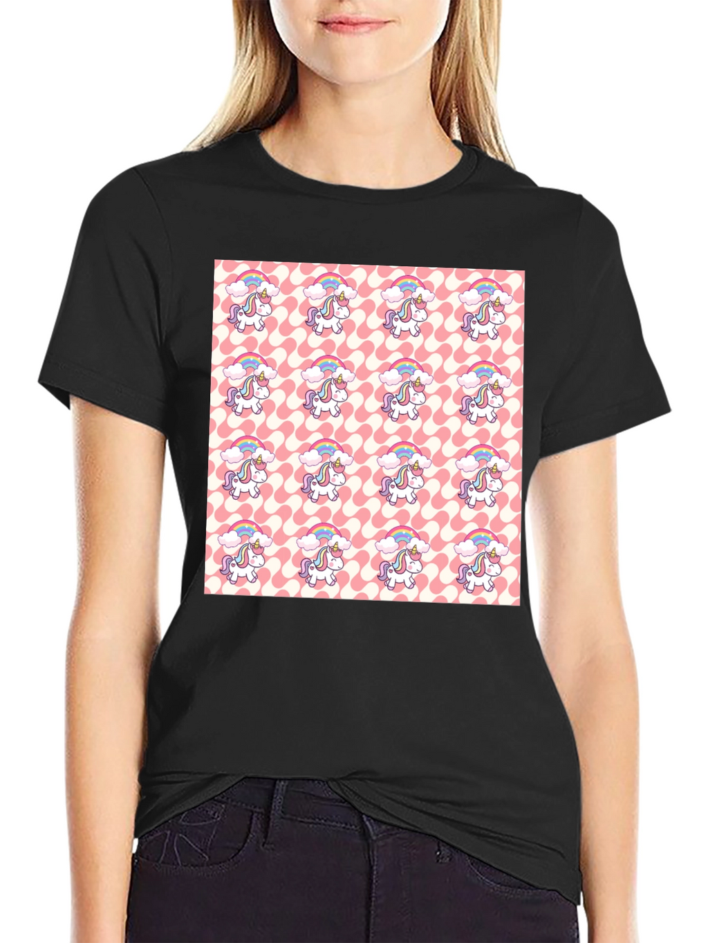 Unicorn Pattern Black T-Shirt