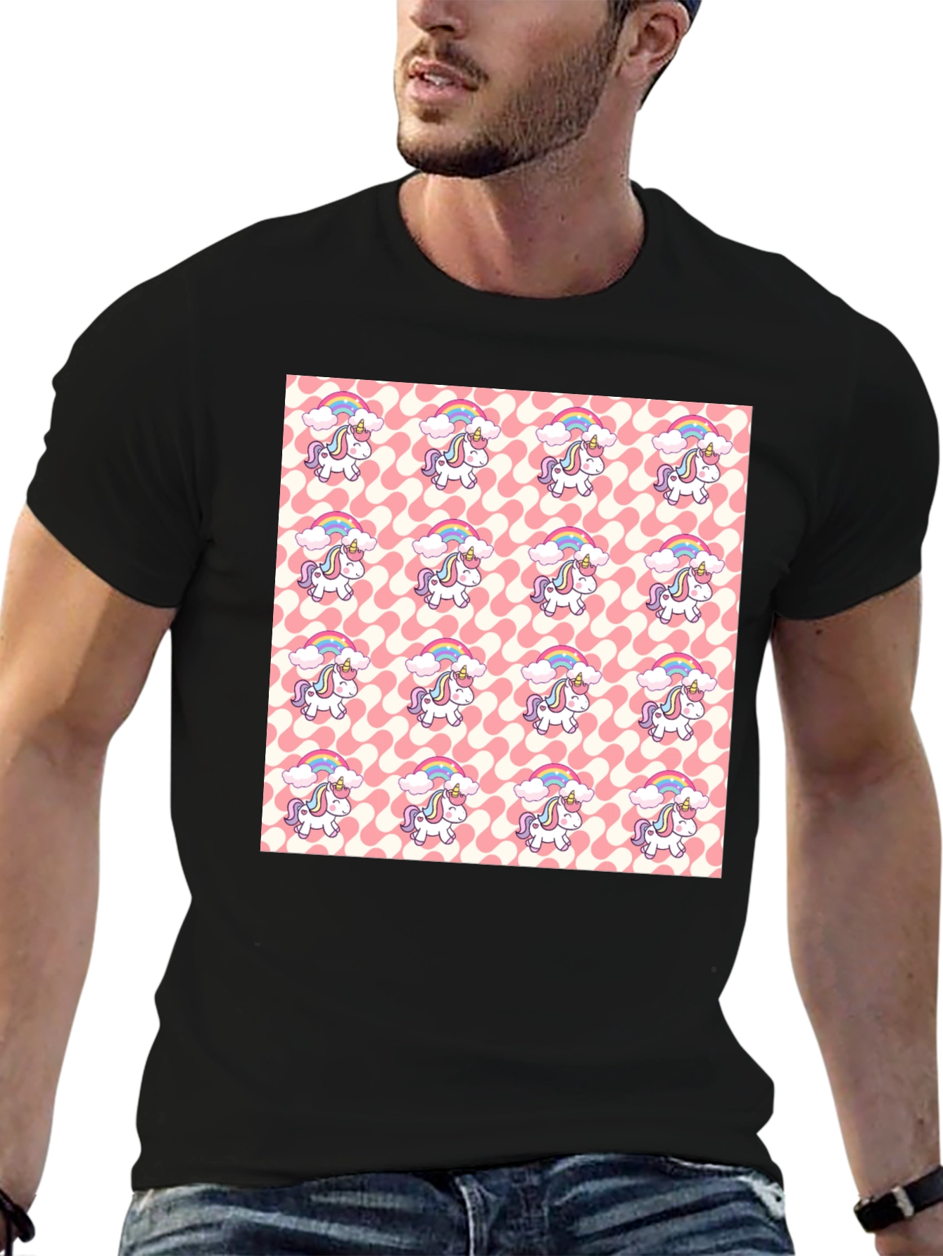 Unicorn Pattern Black T-Shirt