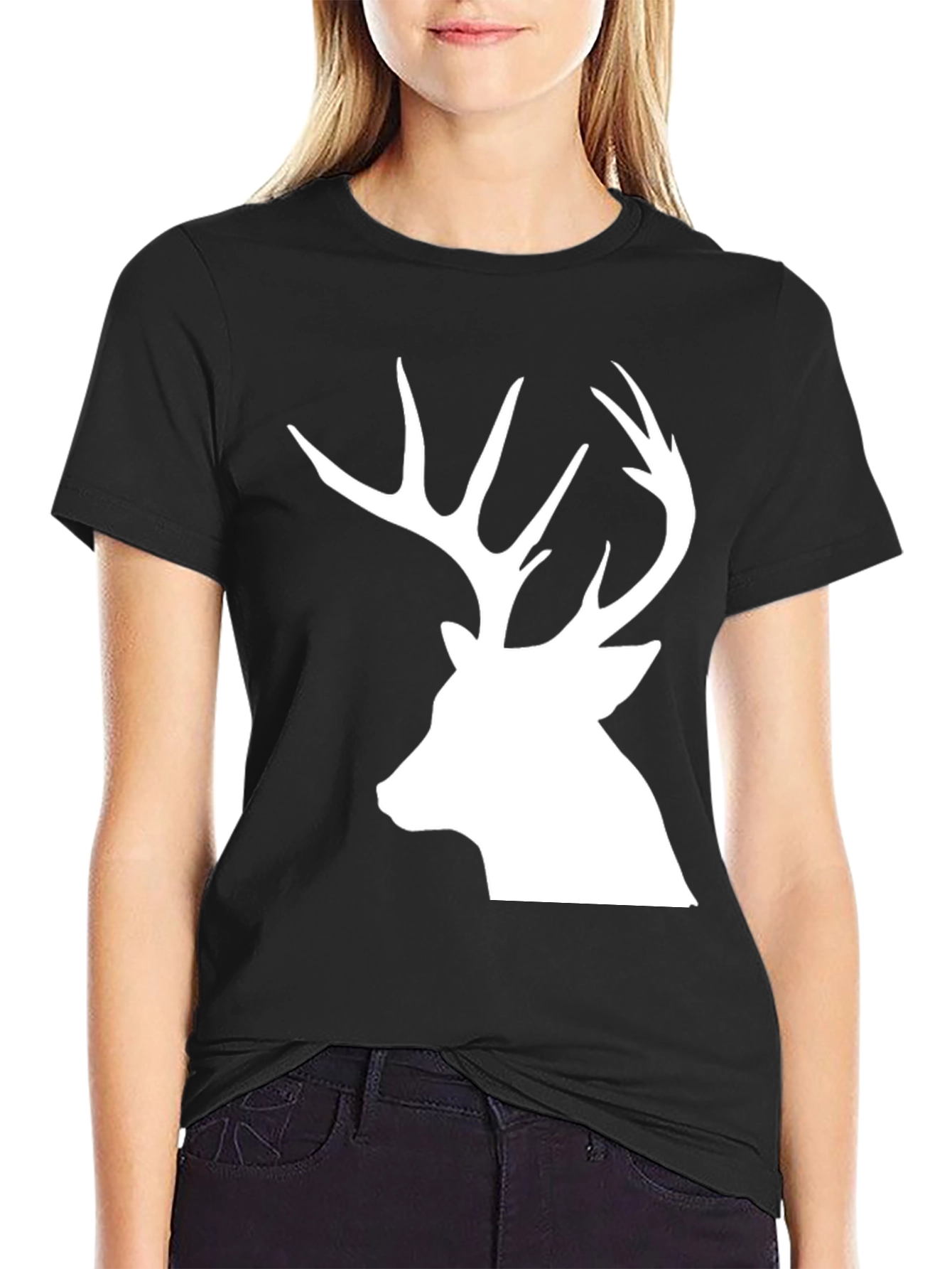 Deer Silhouette Graphic Tee - Black Cotton Blend