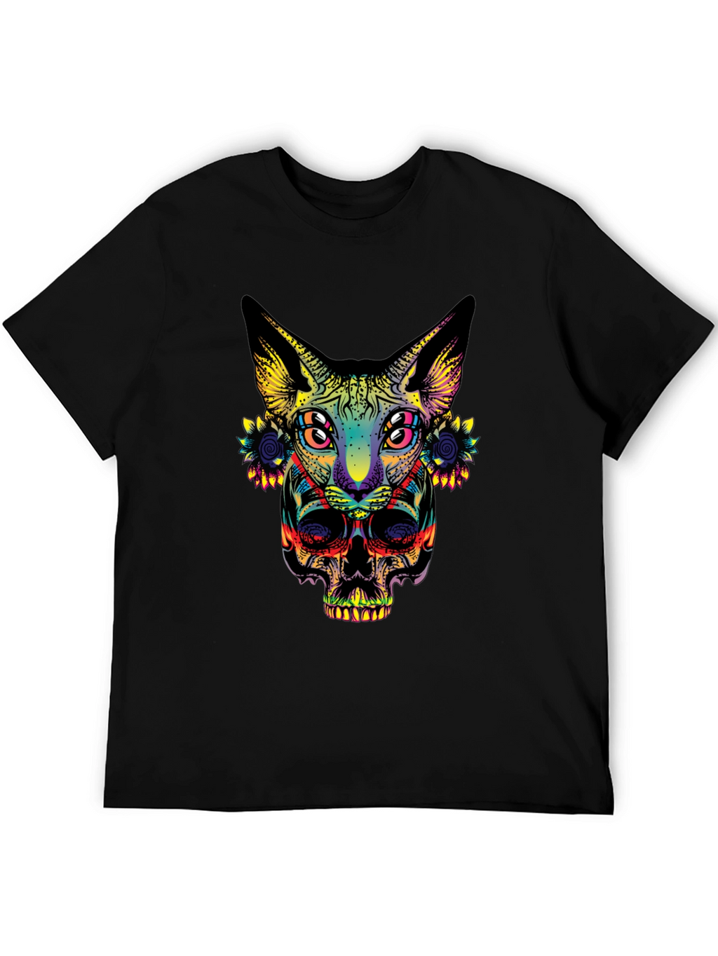 Psychedelic Cat & Skull Graphic T-Shirt