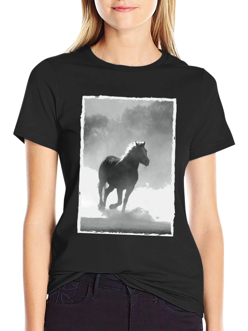 Horse Graphic Tee - Black Cotton Casual T-Shirt
