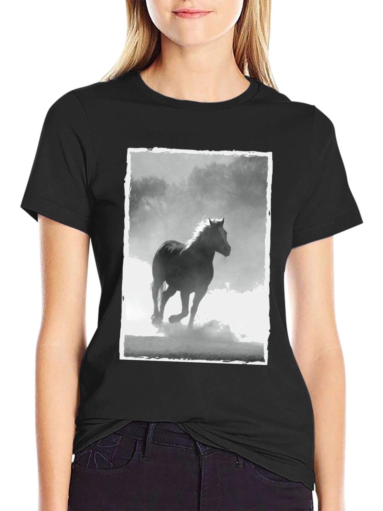 Horse Graphic Tee - Black Cotton Casual T-Shirt