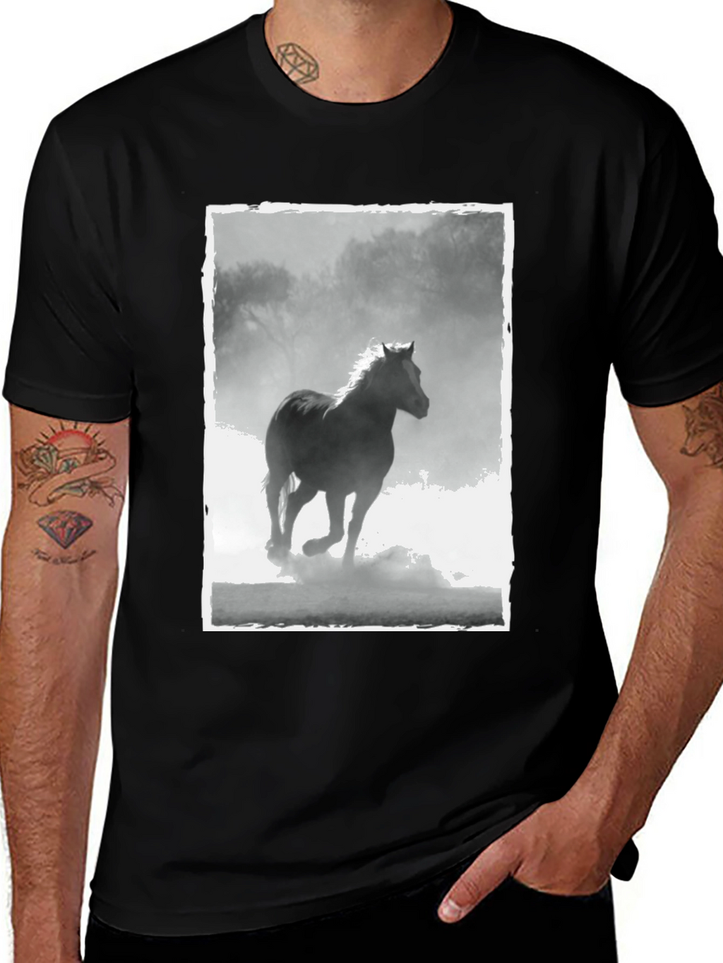 Horse Graphic Tee - Black Cotton Casual T-Shirt