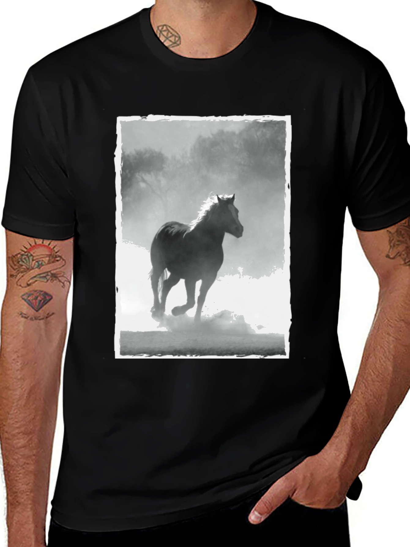 Horse Graphic Tee - Black Cotton Casual T-Shirt