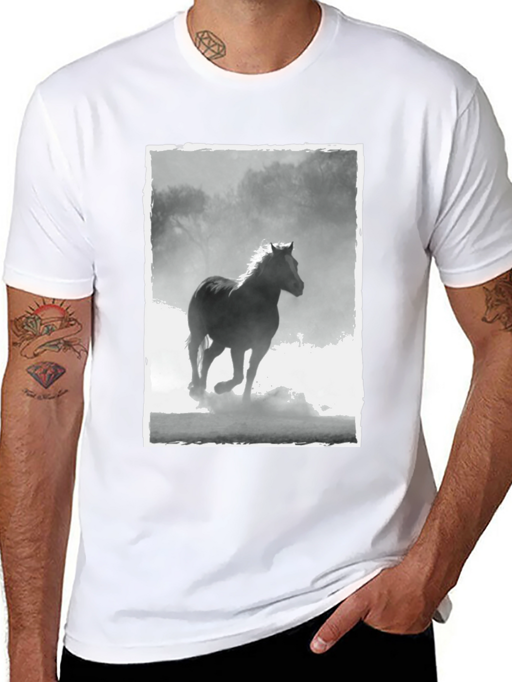 Horse Graphic Tee - Black Cotton Casual T-Shirt